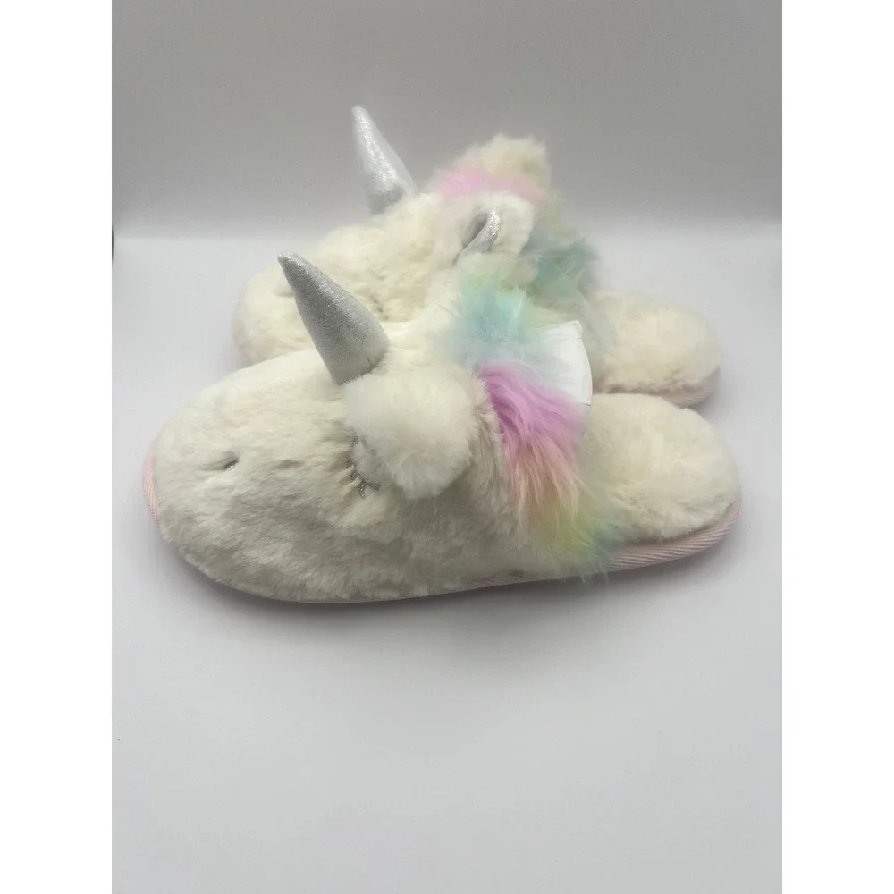 Cat & Jack Unicorn Slippers Kids Size S 13/1 Rainbow Faux Fur Plush Slip On Girl